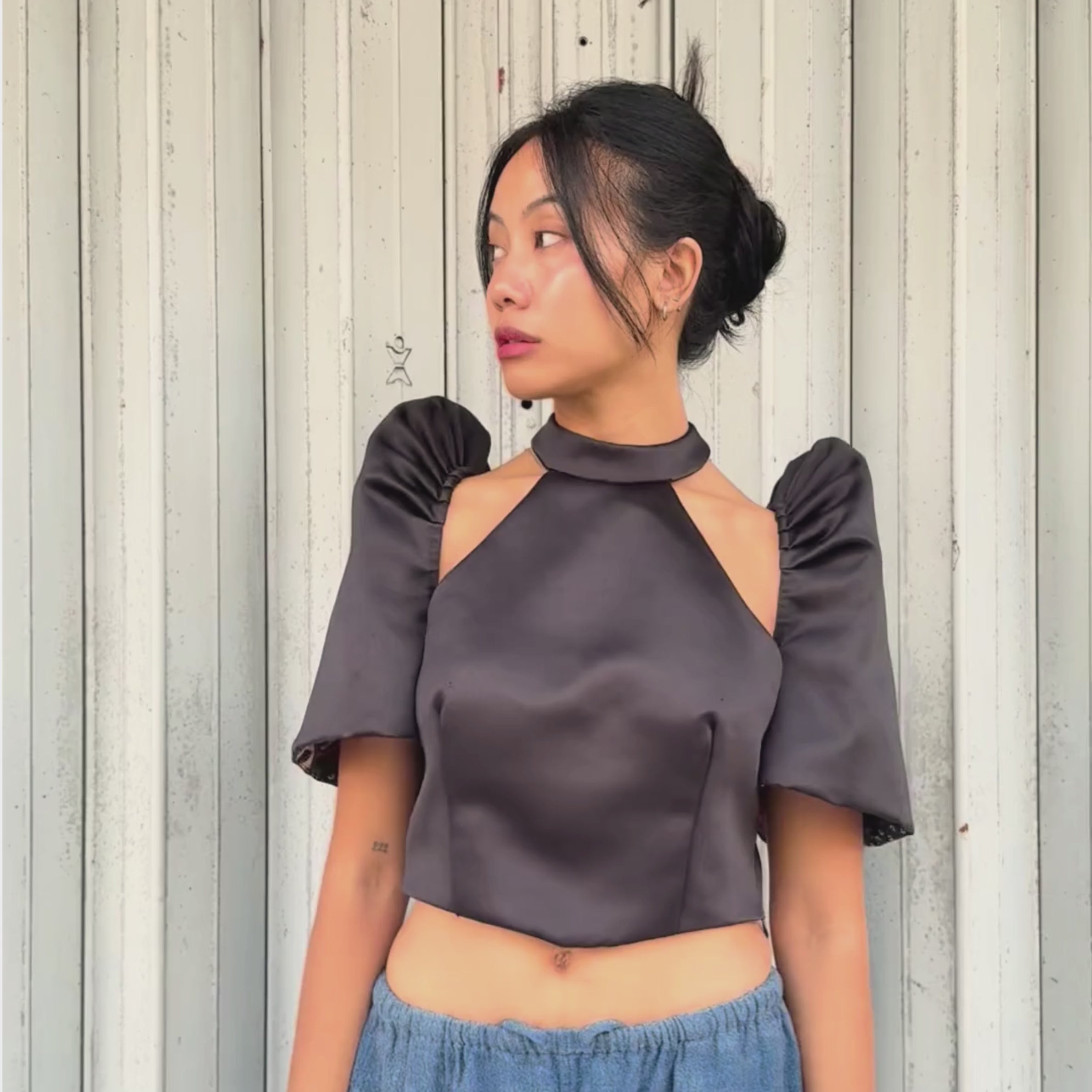 Terno Halter Set in Black Satin